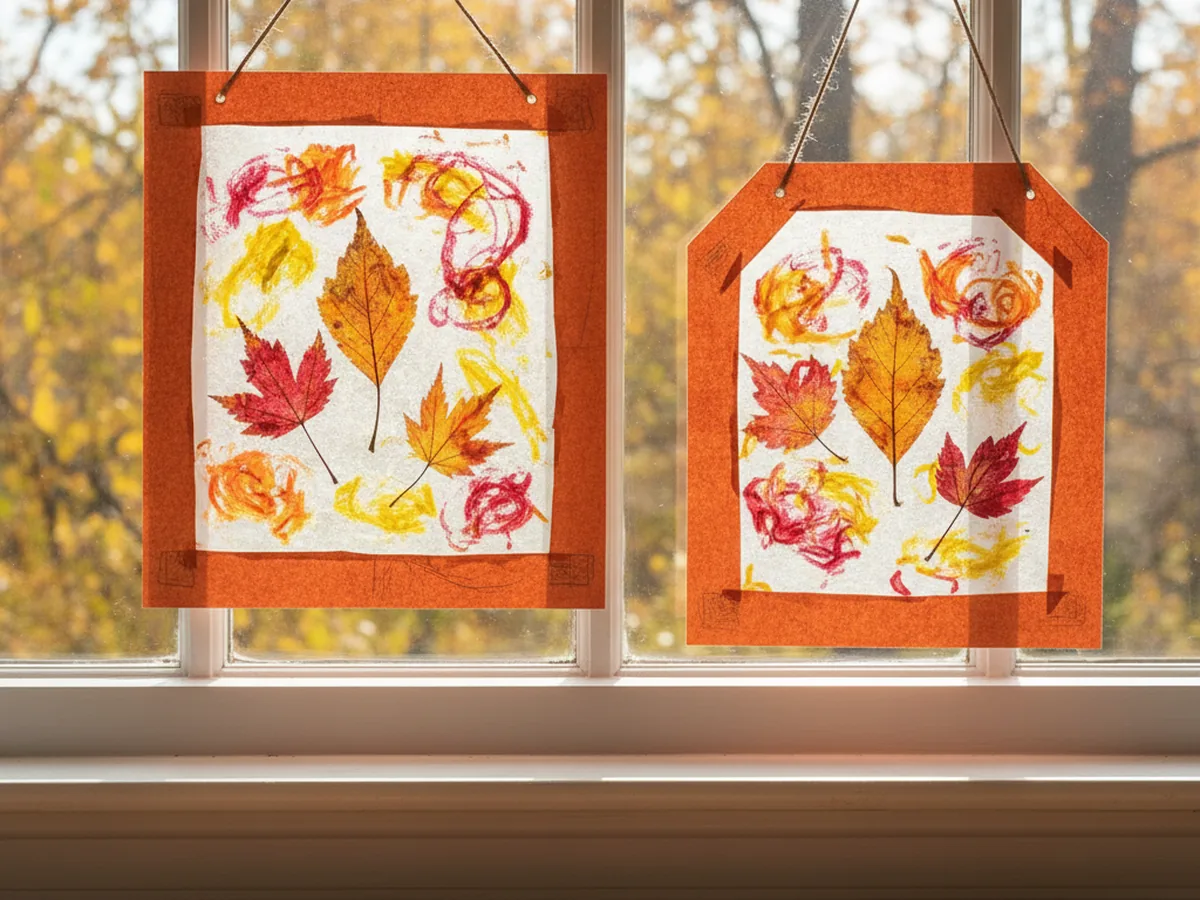 Finished wax paper leaf craft suncatchers in orange construction paper frames hanging in a sunny window